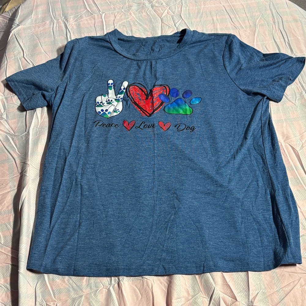 Women's Blue Graphic Tee with Peace Love Dog Design